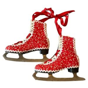 Vintage Bauer Ice Skates christmas decoration wall decor rickrack embellishments